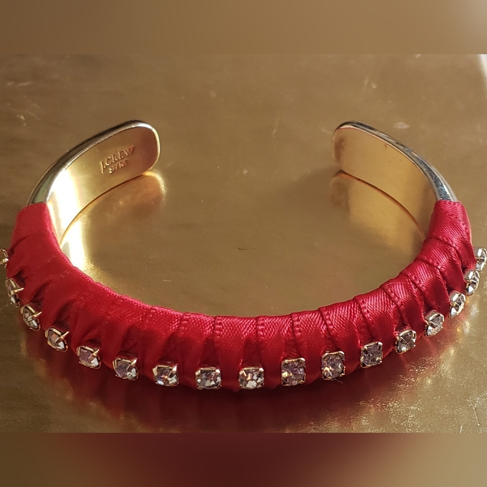 NWT J Crew Red Ribbon Wrapped Rhinestones Cuff Bracelet Gold Tone